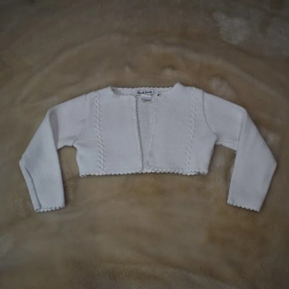 Little Girls Cardigan Sweater White Cotton Knit Cropped